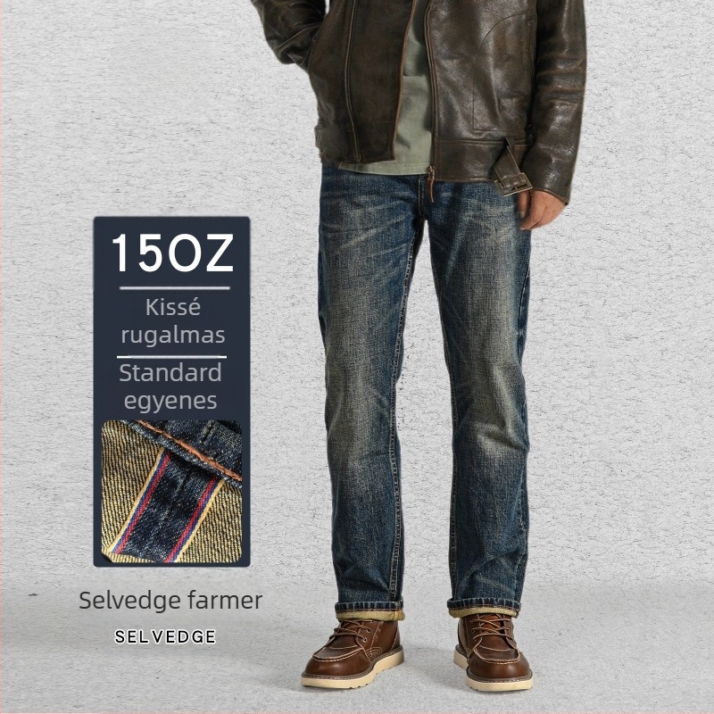 15 oz-os selvedge denim nadrág – vintage stílus, masszív kivitelezés, mosott, egyenes szabású, férfiaknak