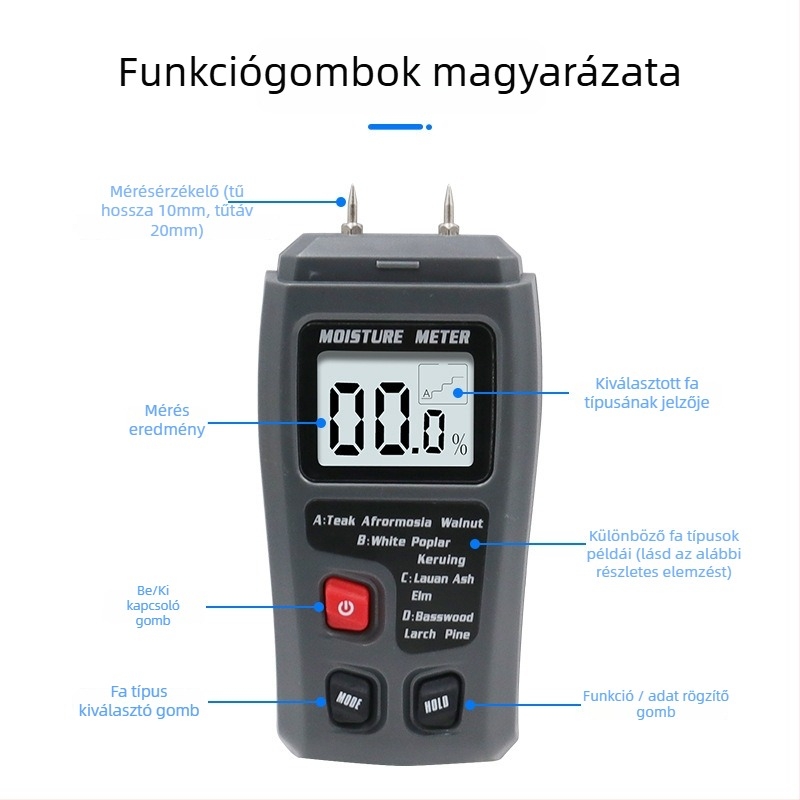 Fa nedvességmérő | Nedvességtartalom mérése | Alkalmas fa padlókhoz és kartondobozokhoz (Márka: Record Work)