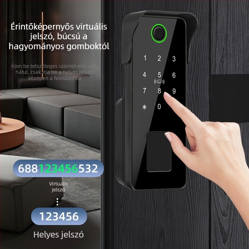 W11 ujjlenyomatos okoszár külső ajtókhoz – vízálló, hozzáférés jelszóval, ABS+fém; alkalmas üveg-, fa-, fém- és keretes ajtókhoz
