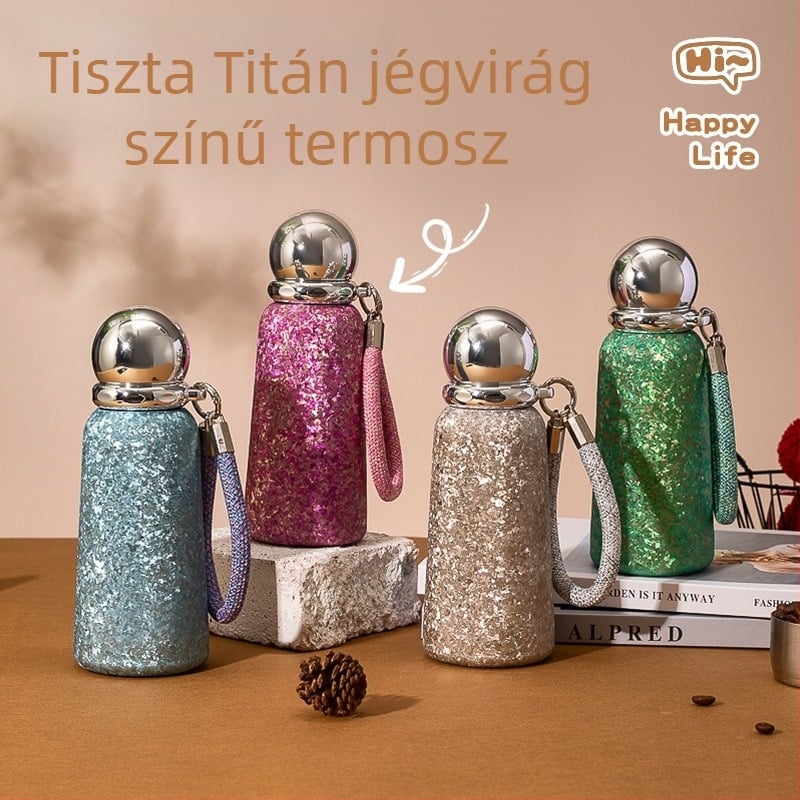 Tiszta titánból készült izolált pohár antibakteriális védelemmel, hőmérsékletzáró funkció, hordozó zsinórral, 6–12 órás szigetelés