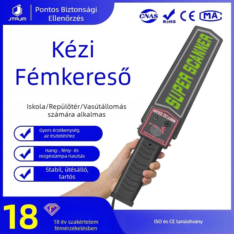 JTAJM MD-3003B1 kézi fémdetektor, hordozható biztonsági eszköz akusztikus–optikai és vibrációs riasztással, detektálási tartomány ≥6 cm