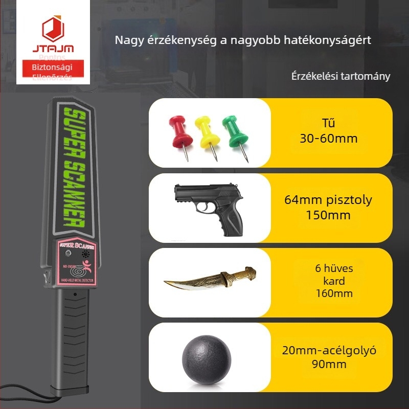 JTAJM MD-3003B1 kézi fémdetektor, hordozható biztonsági eszköz akusztikus–optikai és vibrációs riasztással, detektálási tartomány ≥6 cm