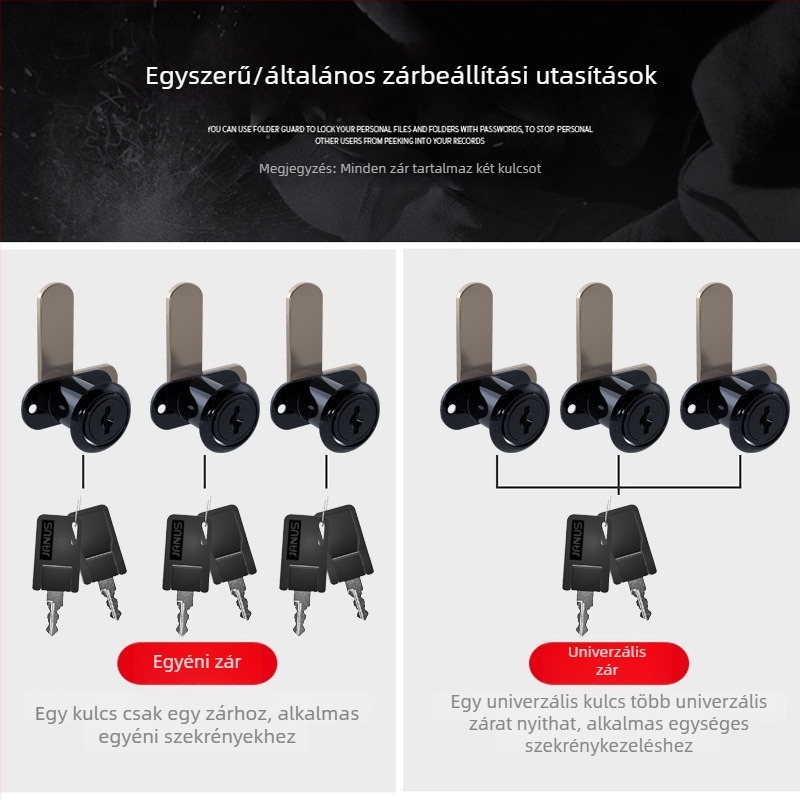 Kétszárnyú szekrényzár, irattároló szekrényhez, modell 208, Janus márka, univerzális típus