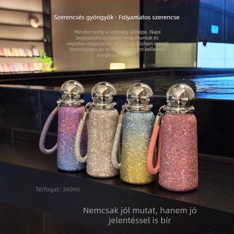 Titánium szigetelt termosz pohár, belső és külső titan, 6–12 órás hőmegőrzés, hordozó zsinórral, csavaros kupakkal