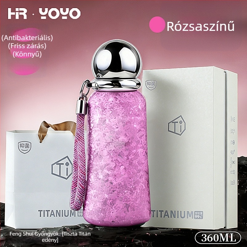 Titánium szigetelt termosz pohár, belső és külső titan, 6–12 órás hőmegőrzés, hordozó zsinórral, csavaros kupakkal
