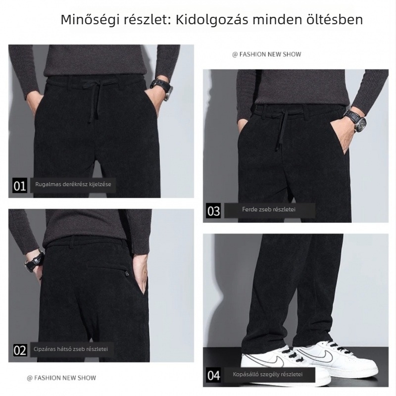 Férfi kordbársony egyenes szabású szabadidőnadrág, üzleti–szabadidő, meleg és rugalmas, egyszínű, hosszú nadrág tavasz-őszre