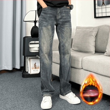 Férfi farmer nadrág fleece-béléssel, egyenes szabás, pamut-denim, középső derék, cipzár
