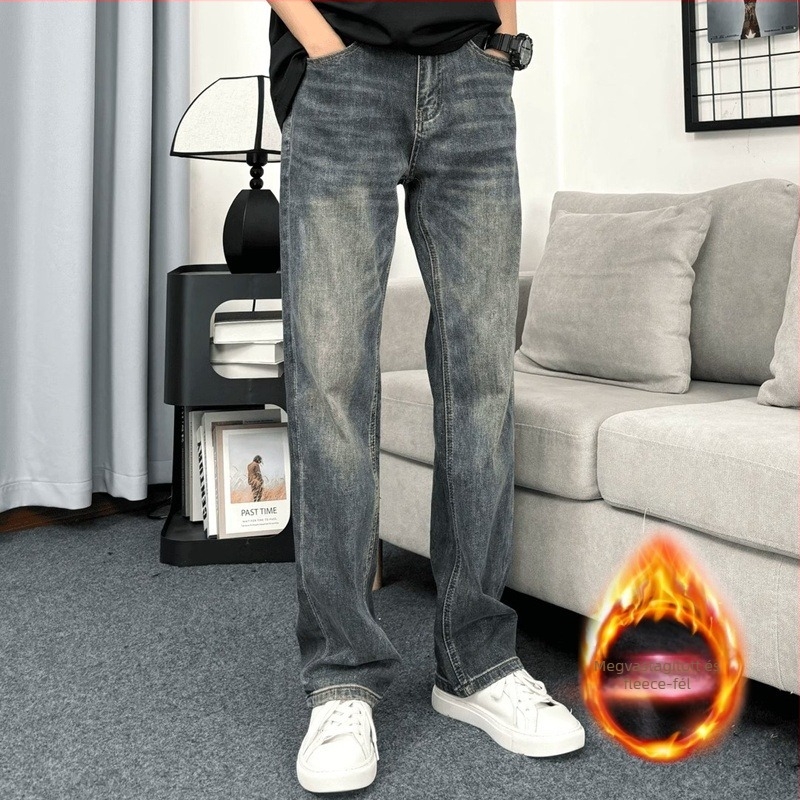 Férfi farmer nadrág fleece-béléssel, egyenes szabás, pamut-denim, középső derék, cipzár