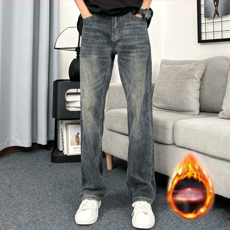 Férfi farmer nadrág fleece-béléssel, egyenes szabás, pamut-denim, középső derék, cipzár