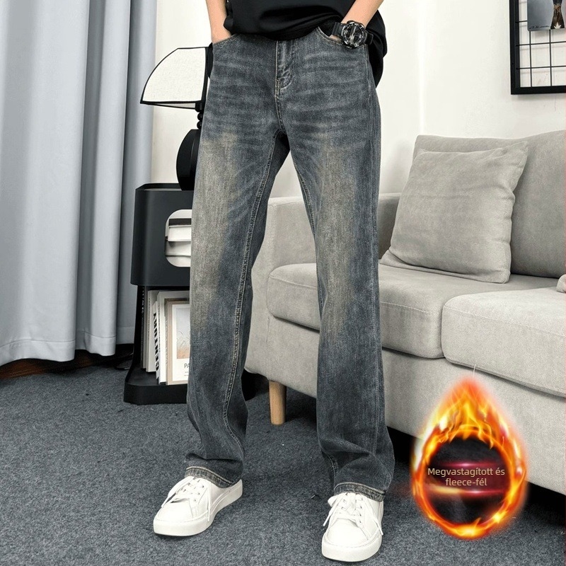 Férfi farmer nadrág fleece-béléssel, egyenes szabás, pamut-denim, középső derék, cipzár