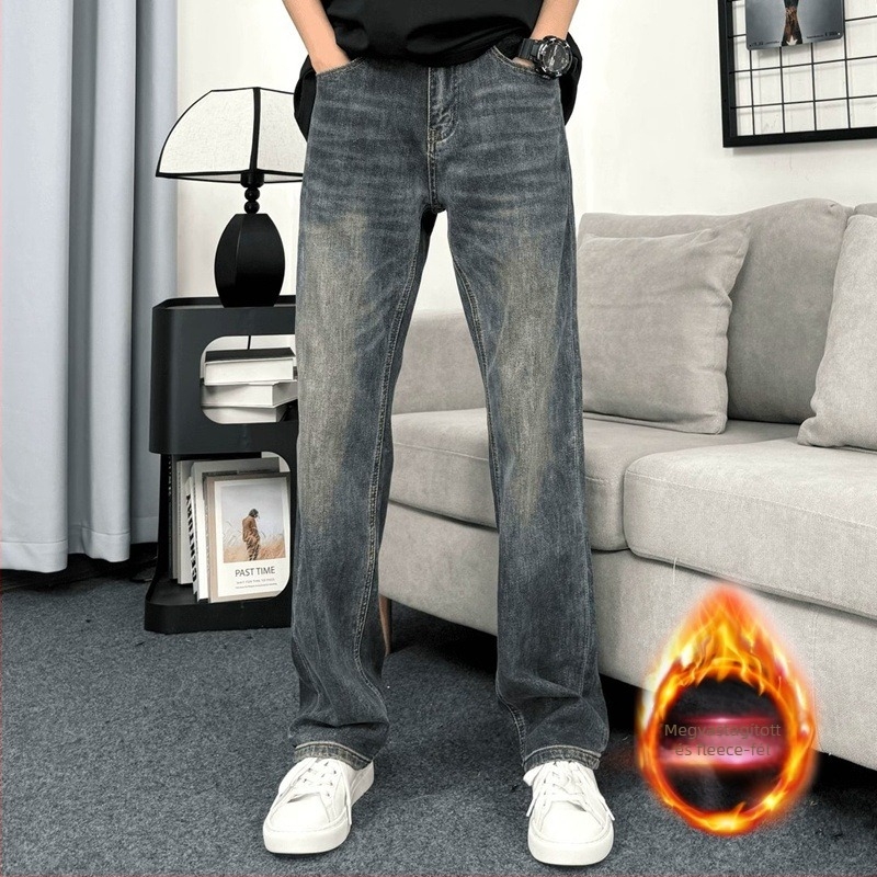 Férfi farmer nadrág fleece-béléssel, egyenes szabás, pamut-denim, középső derék, cipzár
