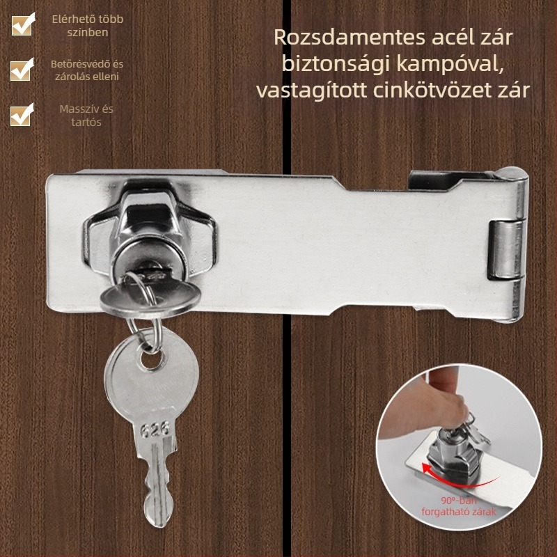 Zárható fiókos tároló szekrény, fúrás nélküli, vastagolt cink-ötvözetes zárlapával; rozsdamentes acél + cink ötvözet; modell Yc – rozsdamentes acél zárlap; alkalmas szekrényekhez, fiókokhoz, íróasztalokhoz és irodai használatra; modern minimalista stílus