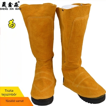 Védő lábfej- és lábszárvédő hegesztéshez - kopásálló, hőszigetelő, tűzálló, szikra elleni védelem, kétoldalas marhabőr, modell JH-01, elektromos hegesztéshez és fémiparhoz