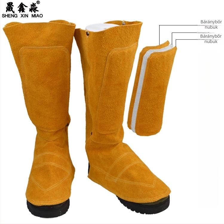 Védő lábfej- és lábszárvédő hegesztéshez - kopásálló, hőszigetelő, tűzálló, szikra elleni védelem, kétoldalas marhabőr, modell JH-01, elektromos hegesztéshez és fémiparhoz