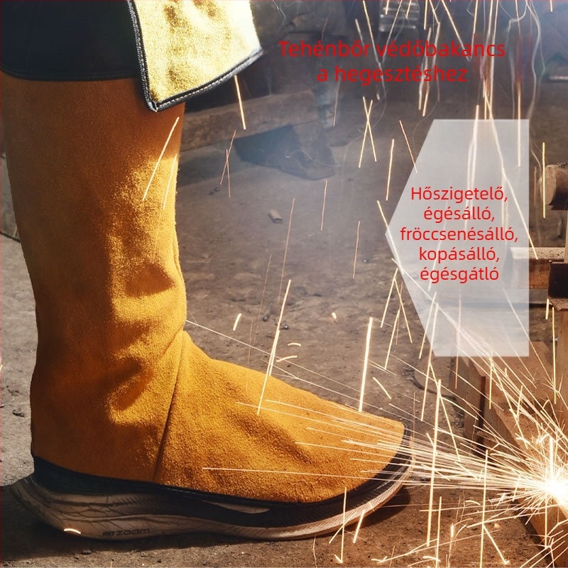 Szerelő láb- és lábszárvédő, két réteg szarvasmarha bőrből, hőszigetelés, fröccsenésálló, tűzálló