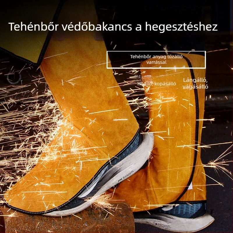 Szerelő láb- és lábszárvédő, két réteg szarvasmarha bőrből, hőszigetelés, fröccsenésálló, tűzálló