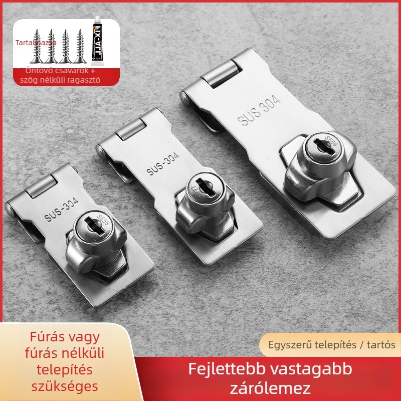 HS-304 SP 304 rozsdamentes acélból készült fúrás nélküli anti-tolvaj zár; Super C dizájn; alkalmas szekrényajtókra, fiókokra, hűtőajtókra, cipőszekrényekre és irattárakra.
