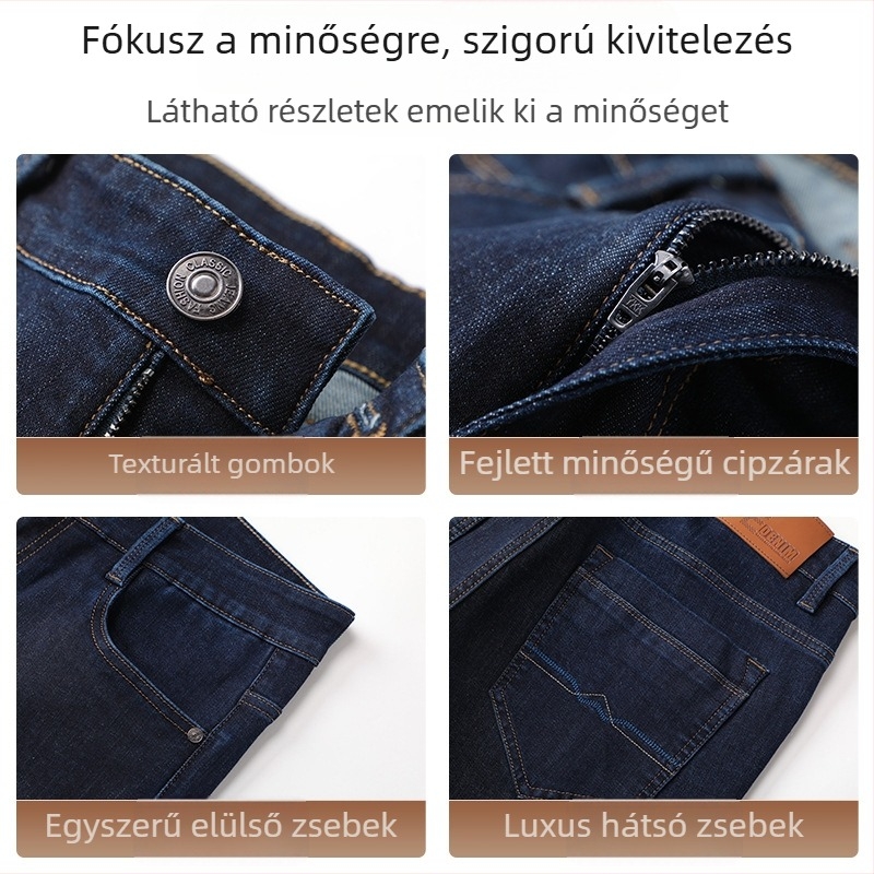 Férfi pamut-stretch farmer, egyenes szabás, középmagas derék, zipzár, mikro-elasztikusság, 2025 téli kiadás
