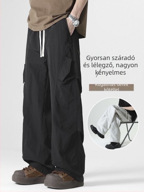 Nyári könnyű munkanadrág – egyenes szabású, középmagas derék, övvel, gyorsan száradó rugalmas szövet