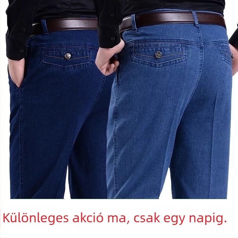Férfi pamut farmer egyenes szabású, magas derék, zsebek díszítése, 100% pamut, mosott felület