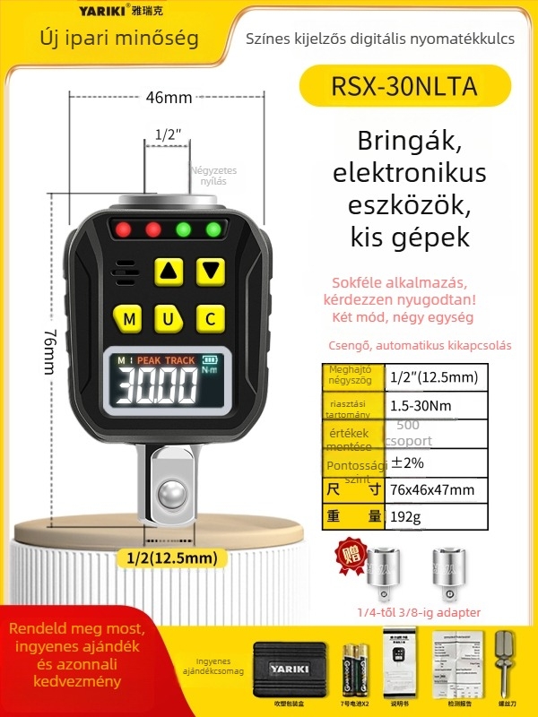 Yarik digitális kijelzős nyomatékkulcs krom-vanádium acélból, nagy pontosságú, ±2% a keringés irányában, ±2,5% ellentétes irányban, súly 200 g