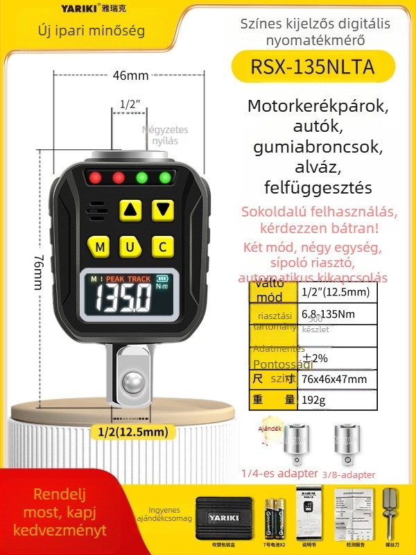Yarik digitális kijelzős nyomatékkulcs krom-vanádium acélból, nagy pontosságú, ±2% a keringés irányában, ±2,5% ellentétes irányban, súly 200 g