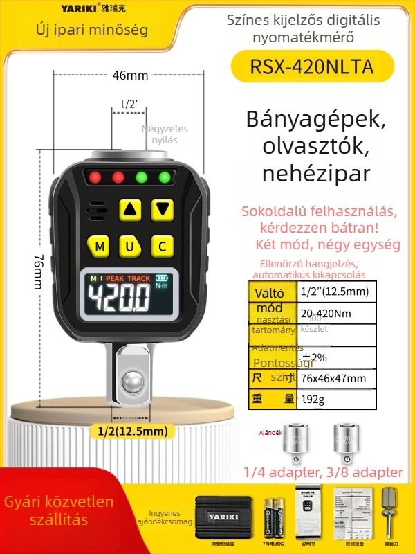 Yarik digitális kijelzős nyomatékkulcs krom-vanádium acélból, nagy pontosságú, ±2% a keringés irányában, ±2,5% ellentétes irányban, súly 200 g