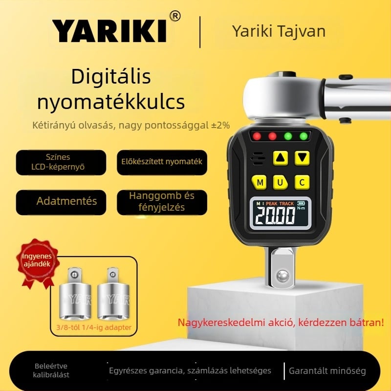 Yarik digitális kijelzős nyomatékkulcs krom-vanádium acélból, nagy pontosságú, ±2% a keringés irányában, ±2,5% ellentétes irányban, súly 200 g