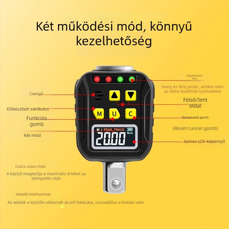 Yarik digitális kijelzős nyomatékkulcs krom-vanádium acélból, nagy pontosságú, ±2% a keringés irányában, ±2,5% ellentétes irányban, súly 200 g