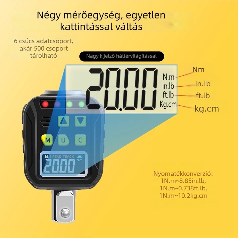 Yarik digitális kijelzős nyomatékkulcs krom-vanádium acélból, nagy pontosságú, ±2% a keringés irányában, ±2,5% ellentétes irányban, súly 200 g