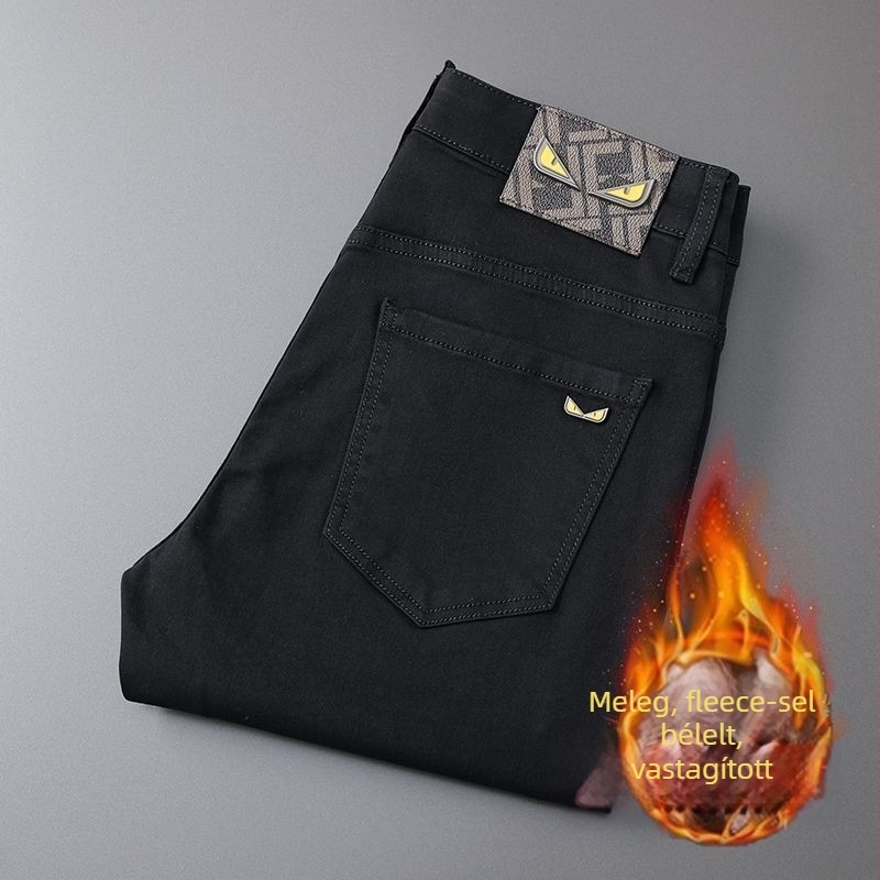 Téli polár béléses férfi farmernadrág, pamut denim anyagból, középmagas derekú, szűk szabású, cipzár