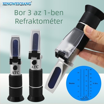 3-in-1 mérő: sótartalom, alkoholtartalom és cukortartalom; bor és sör specifikus gravitáció mérő; vizelet specifikus gravitáció detektor