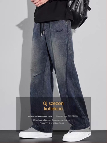 Farmernadrág - Vintage egyenes szabású (pamut stretch denim, mikro-elasticitás, fleece belső, középmagas derék, zsinórzár)