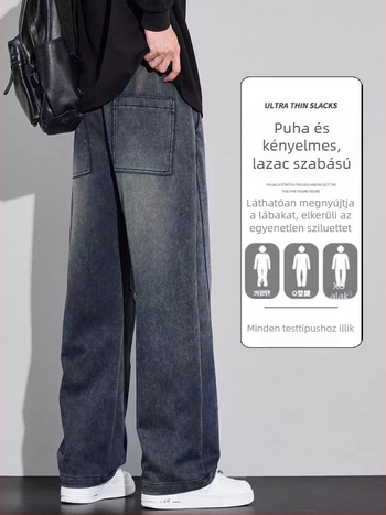 Farmernadrág - Vintage egyenes szabású (pamut stretch denim, mikro-elasticitás, fleece belső, középmagas derék, zsinórzár)