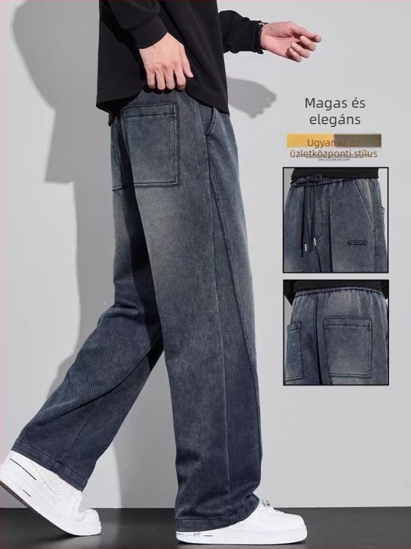 Farmernadrág - Vintage egyenes szabású (pamut stretch denim, mikro-elasticitás, fleece belső, középmagas derék, zsinórzár)