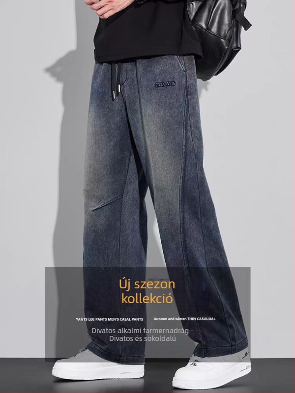 Farmernadrág - Vintage egyenes szabású (pamut stretch denim, mikro-elasticitás, fleece belső, középmagas derék, zsinórzár)