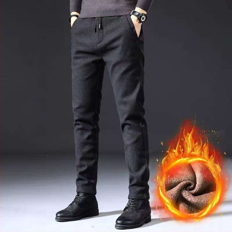2025-ös új férfi őszi-téli casual nadrág fleece-béléssel, vastagított, elasztikus, egyenes szárú