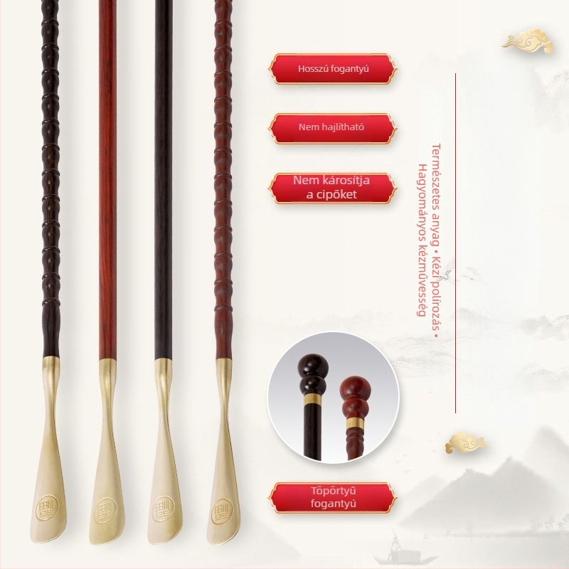Cipőkanál hosszú nyéllel, tömör fából készült, modell Shoehorn, márka Shuofeng craftsmanship, termékkód 001