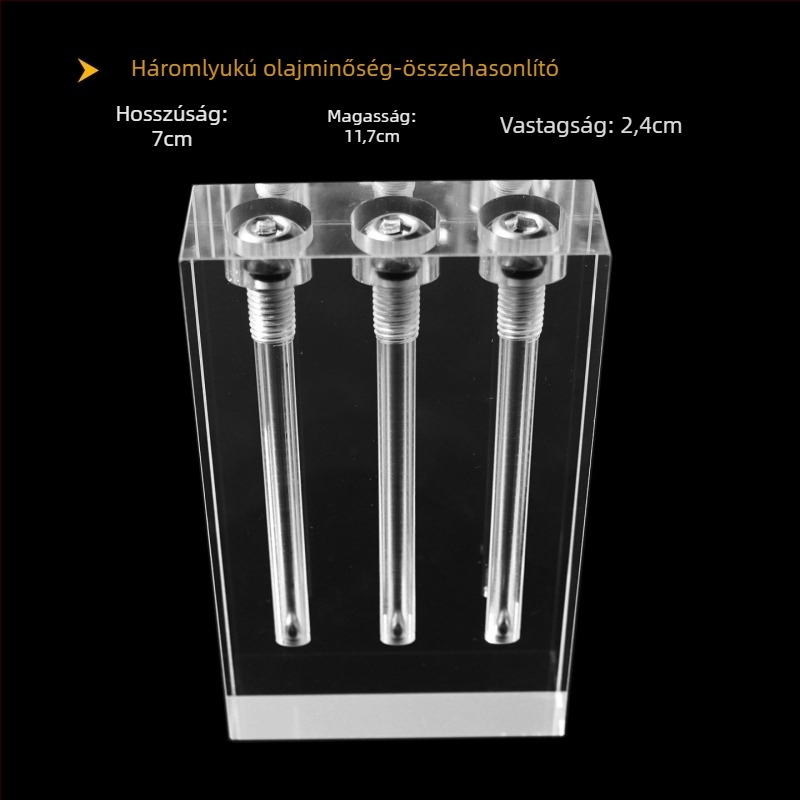 Autóolaj viszkozitás-ellenőrző és olajminőség-összehasonlító bemutató üvegállvány