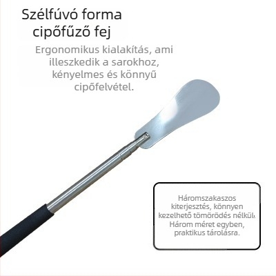 Rozsdamentes acélból készült teleszkópos cipőkanál tárolóval, háromszakaszos rejtett dizájn, állítható hosszúság