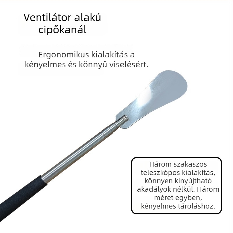 Rozsdamentes acélból készült teleszkópos cipőkanál tárolóval, háromszakaszos rejtett dizájn, állítható hosszúság