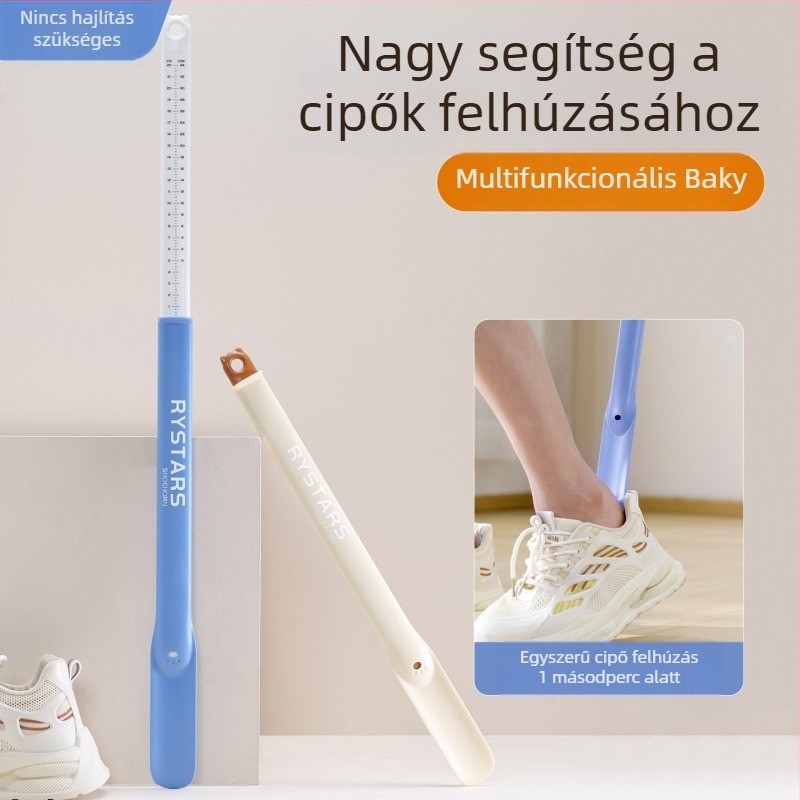 Kinyúló, kétfunkciós cipőkanál hosszú nyéllel és lábfej-mérővel, uniszex, egész éves használatra