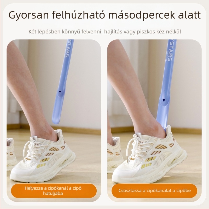 Kinyúló, kétfunkciós cipőkanál hosszú nyéllel és lábfej-mérővel, uniszex, egész éves használatra