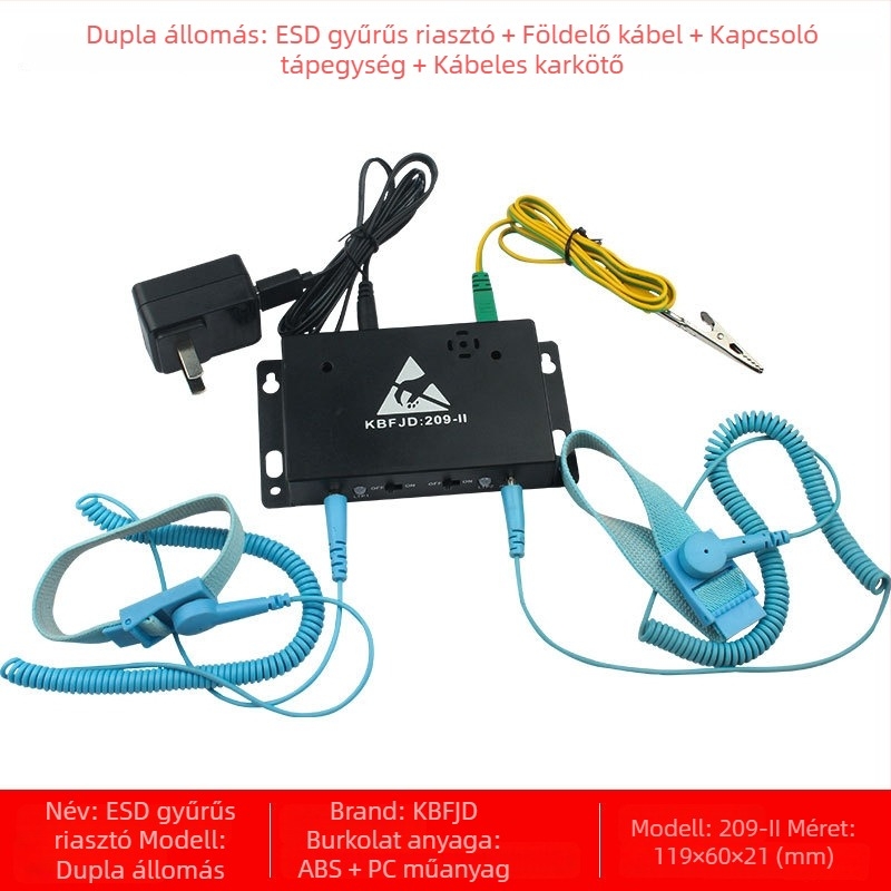 Elektrosztatikus gyűrűs riasztó - Márka KBFJD, Modell 209-1, Földelő vezeték benne van, ESD online detektor, Tanúsítvány ZKT-2209207037C