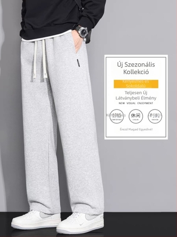 Férfi pamutból készült fleece-belelt sportnadrág, laza szabású egyenes szár, középső derék, kötős zárás, több zseb