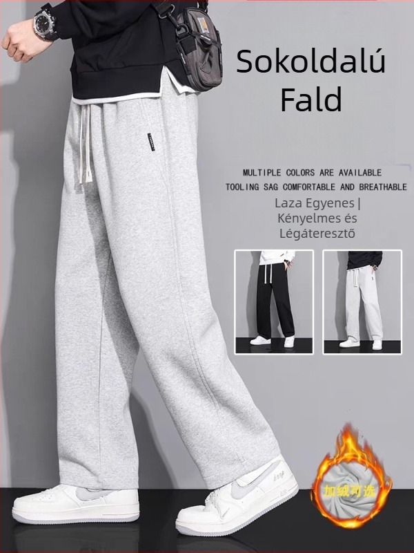 Férfi pamutból készült fleece-belelt sportnadrág, laza szabású egyenes szár, középső derék, kötős zárás, több zseb