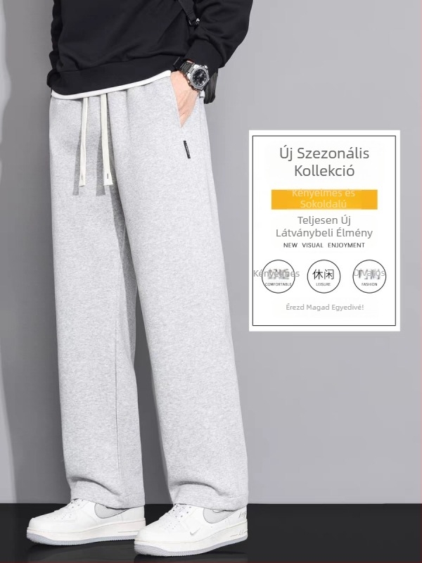 Férfi pamutból készült fleece-belelt sportnadrág, laza szabású egyenes szár, középső derék, kötős zárás, több zseb