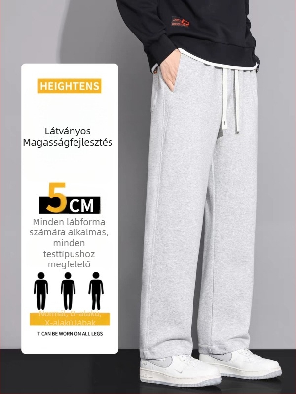 Férfi pamutból készült fleece-belelt sportnadrág, laza szabású egyenes szár, középső derék, kötős zárás, több zseb