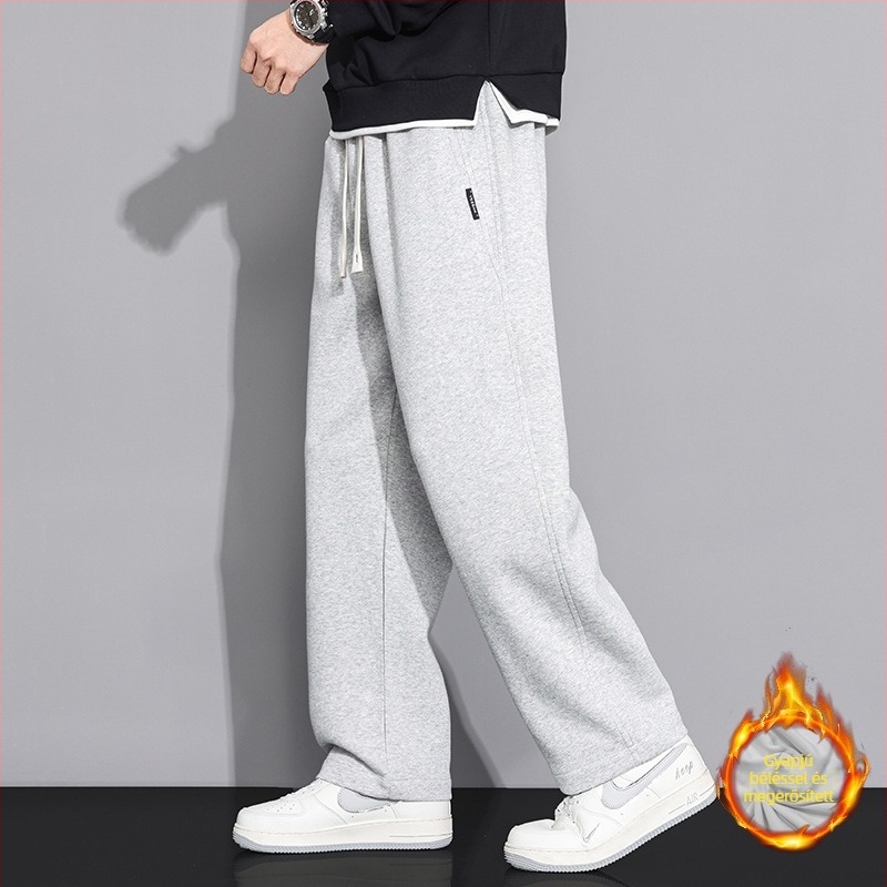 Férfi pamutból készült fleece-belelt sportnadrág, laza szabású egyenes szár, középső derék, kötős zárás, több zseb