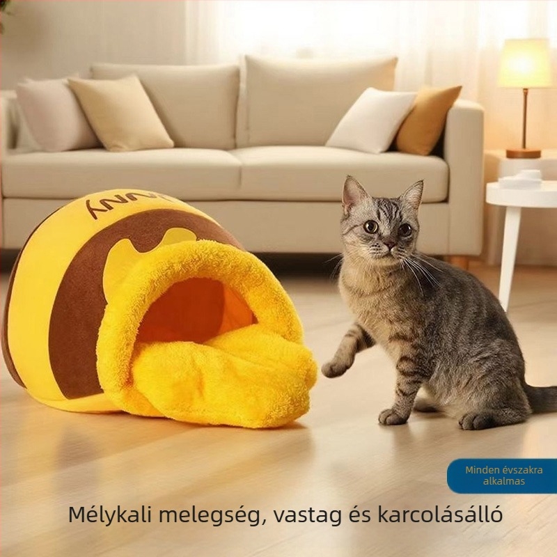Mézesüveg macskafészek – félig zárt plüss macskafészek minden évszakra, melegen tart, Zhejiang eredetű